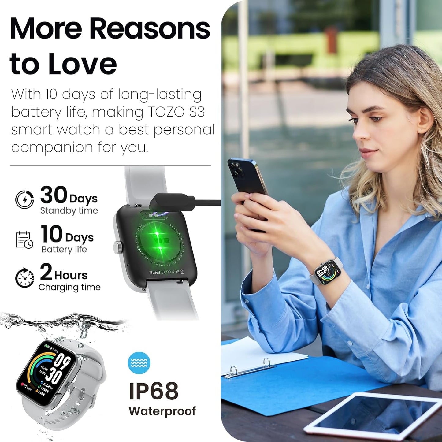 TOZO 44mm Rectangular Face Smart Watch Alexa Built-in Fitness Tracker with Heart Rate/Blood Oxygen Monitor/Sleep Monitor 5ATM Waterproof HD Touchscreen for Men Women Compatible with iPhone&Android