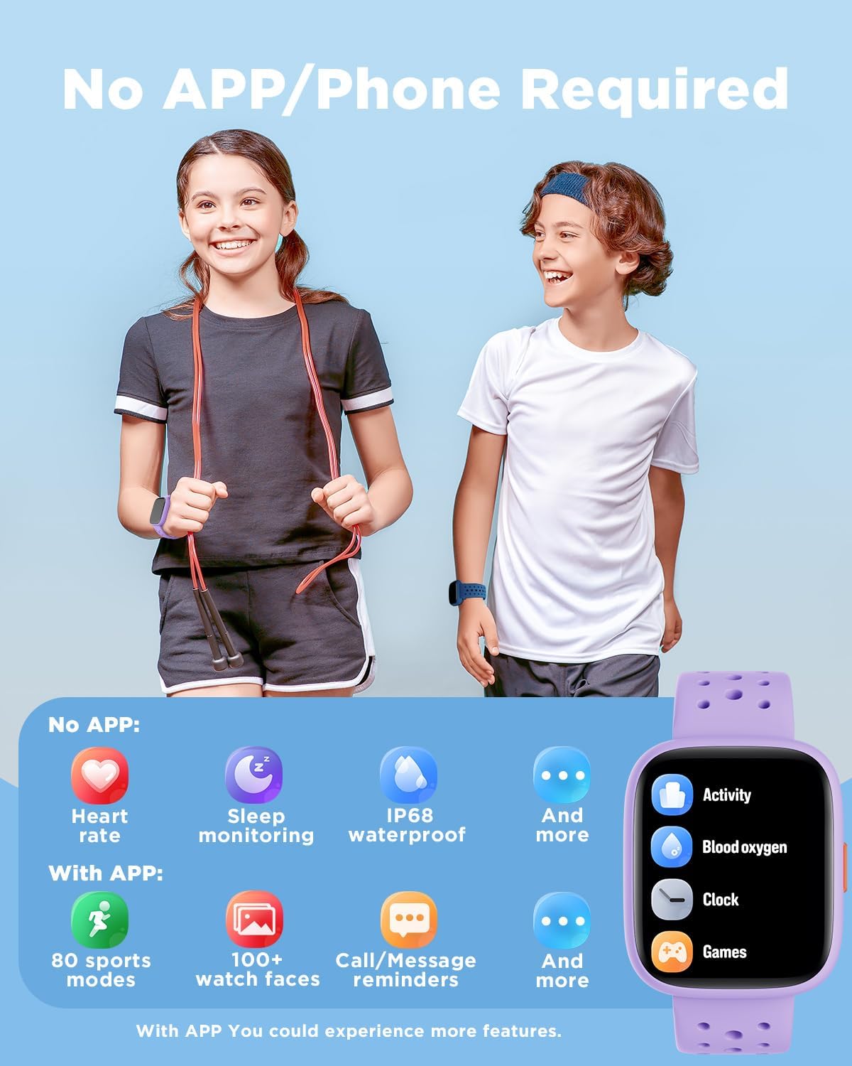 BIGGERFIVE Smart Watch for Kids No APP No Phone Needed, 1.8" Fitness Tracker Watch Pedometer, Sleep Monitor, IP68 Waterproof, Step Counter, Puzzle Games for Girls Boys Teens 5-16, Black