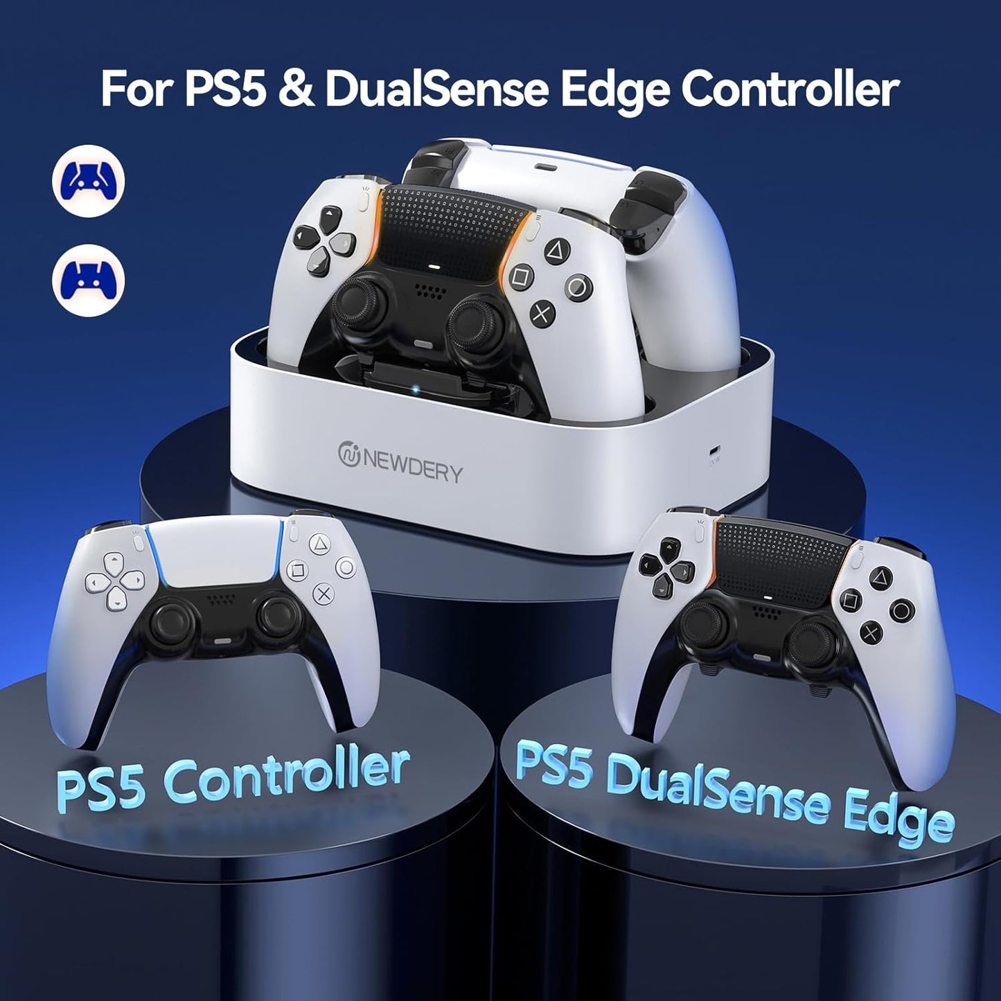 NEWDERY for PS5 Controller Charger Station Compatible with Dualsense Edge, Fast Charging Dock Stand with Cable, Dual Charging Station for PS5 &for Dual-Sense Edge Controller
