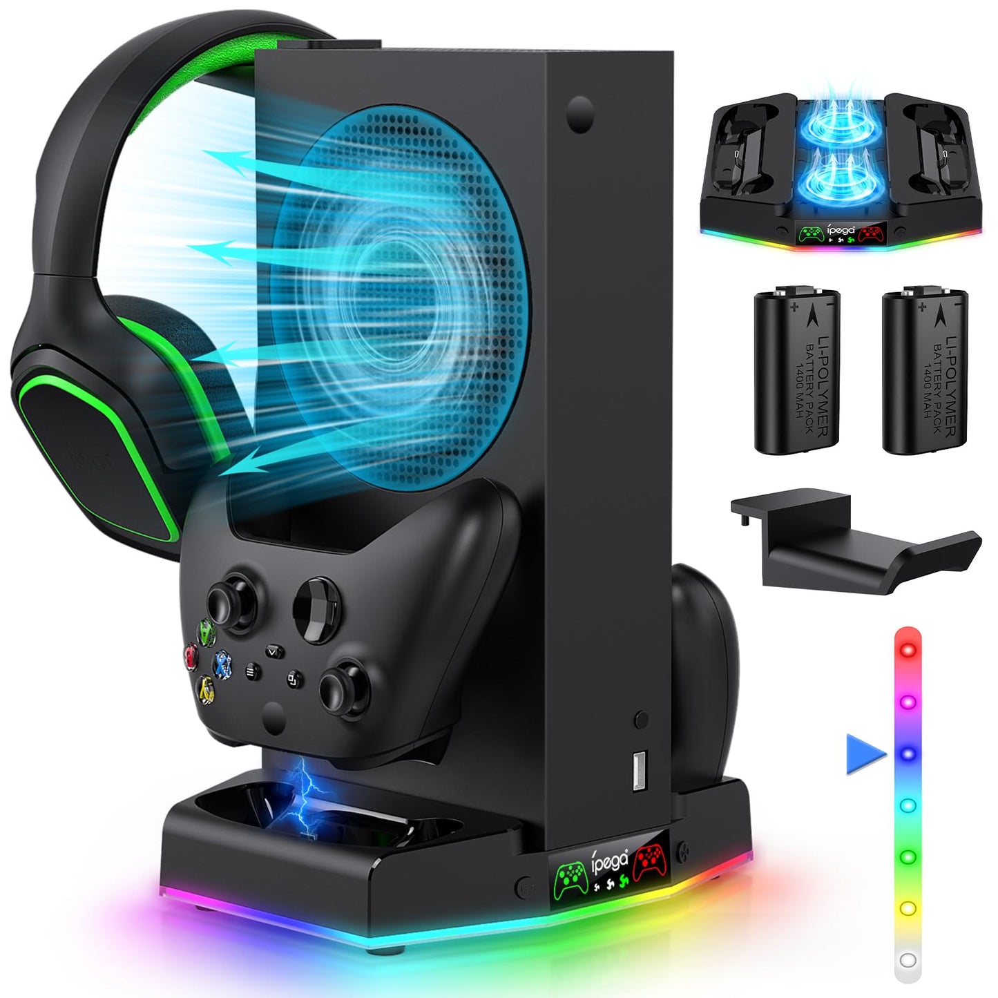 Cooling Stand & Charging Station for Xbox Series S with RGB Light Strip,Dual Controller Charger & Cooler Fan for XSS Console Accessories with 2*1400mAH Rechargeable Battery Pack,1*Headphone Hook,White