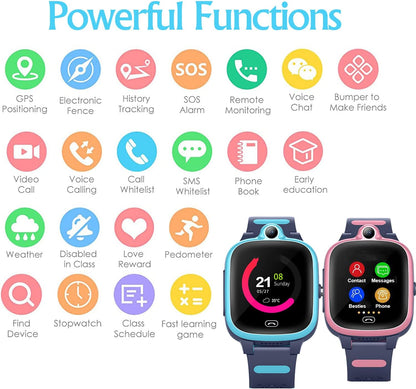 Kids 4G GPS Smart Watch, Waterproof Phone Smartwatch, Worldwide Real-time Tracking Video Phone Call Camera SOS Alarm Geo-Fence Touch Screen Pedometer Anti-Lost GPS Tracker Watch for Birthday Gift