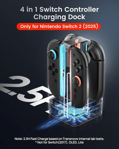 Switch 2 Controller Charger for Joy-Cons 2, 4-in-1 snap-fit Charging Dock for Nintendo Switch 2 Controller 9 RGB Light Modes, USB C Charging Cable Included, Switch 2 Accessories