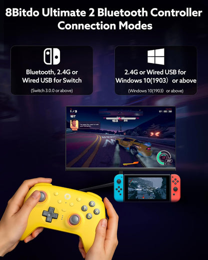 8Bitdo Ultimate 2 Bluetooth Controller (TMR Joystick Update), RGB Fire Ring, Switchable Hall Effect/Tactile Triggers, Vibration and Motion Control for Switch 2, Switch, Windows PC (Yellow)