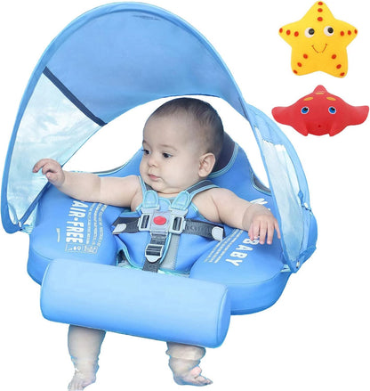 Mambobaby Float Non Inflatable Smart Swim Trainer Newest Size Improved Add Tail Never Flip Over UPF 50+ Sun Canopy Baby Swim Float Mambo Baby Float Solid Swimming Ring Infant Pool Float