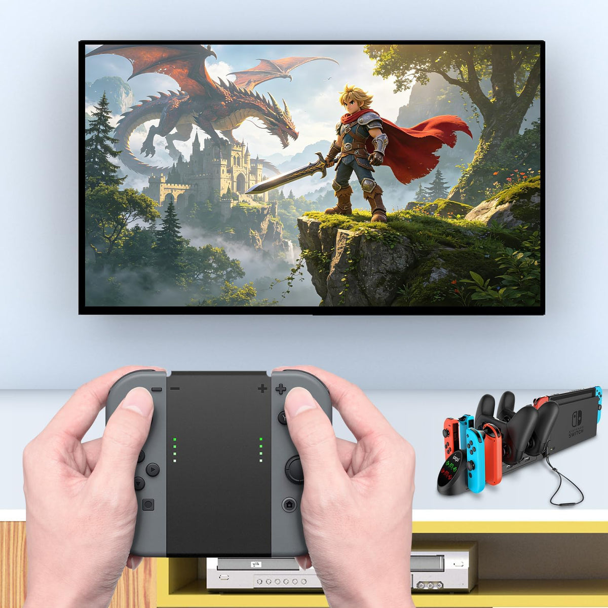 6-in-1 Charging Dock for Switch Controllers, Desktop Charging Station for Gamepad and Controller Accessories, USB 2.0 Ports, Compact Charging Stand