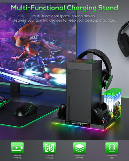 Cooling Fan & Charging Station Compatible with Xbox Series X, Dual Controller Charger Dock with RGB Light Modes, Rechargeable Battery Packs, Headset Holder & Game Storage – Black