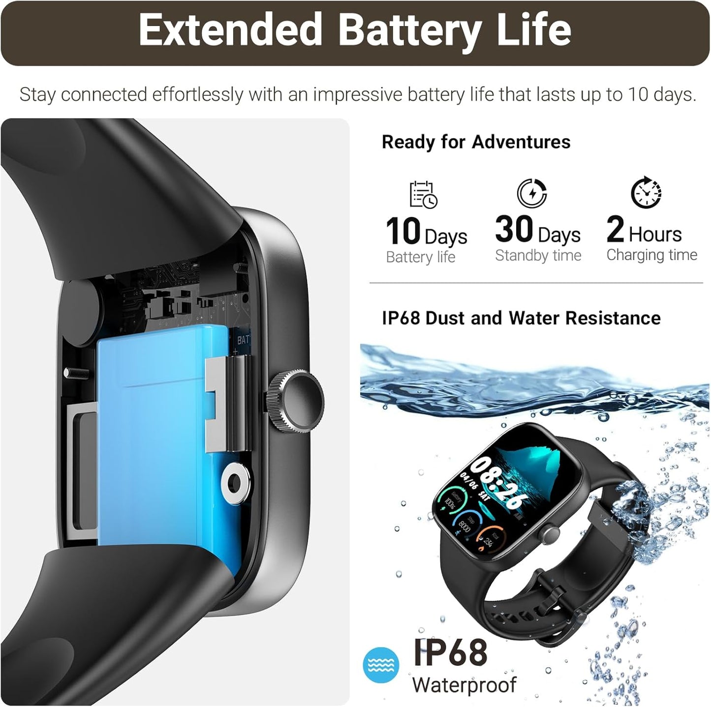 TOZO 44mm Rectangular Face Smart Watch Alexa Built-in Fitness Tracker with Heart Rate/Blood Oxygen Monitor/Sleep Monitor 5ATM Waterproof HD Touchscreen for Men Women Compatible with iPhone&Android
