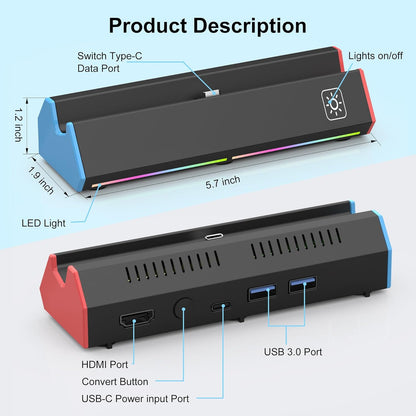 ZONEY Switch TV Dock with 1000Mbps Ethernet LAN Port/4K HDMI Port, Portable Switch Docking Station for Nintendo Switch/Switch OLED, Replacement Official Switch Dock Base Stand (Black with LAN Port)