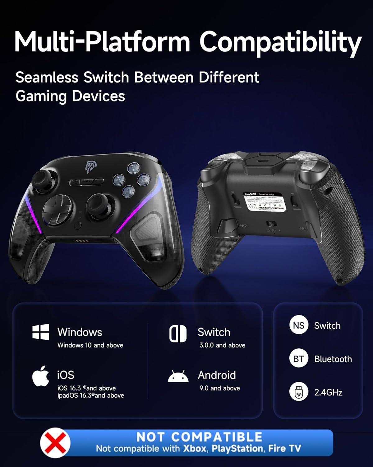 EasySMX D10 Wireless Gaming Controller – Bluetooth Gamepad with TMR Joysticks, Dual-Mode Triggers, Mechanical Buttons, 1000Hz Polling, RGB Lights – for PC, Switch, Android, iOS – with Charging Dock