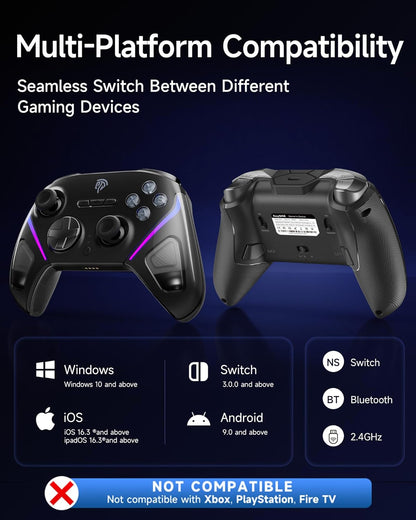 EasySMX D10 Wireless Gaming Controller – Bluetooth Gamepad with TMR Joysticks, Dual-Mode Triggers, Mechanical Buttons, 1000Hz Polling, RGB Lights – for PC, Switch, Android, iOS – with Charging Dock