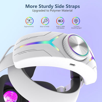 Upgraded RGB Lighted Head Strap with Battery 12000mAh for Meta Quest 3/3s Accessories, Quick Charge for Extended Playtime, to Reduce Facial Stress, Adjustable Elite Strap (White)