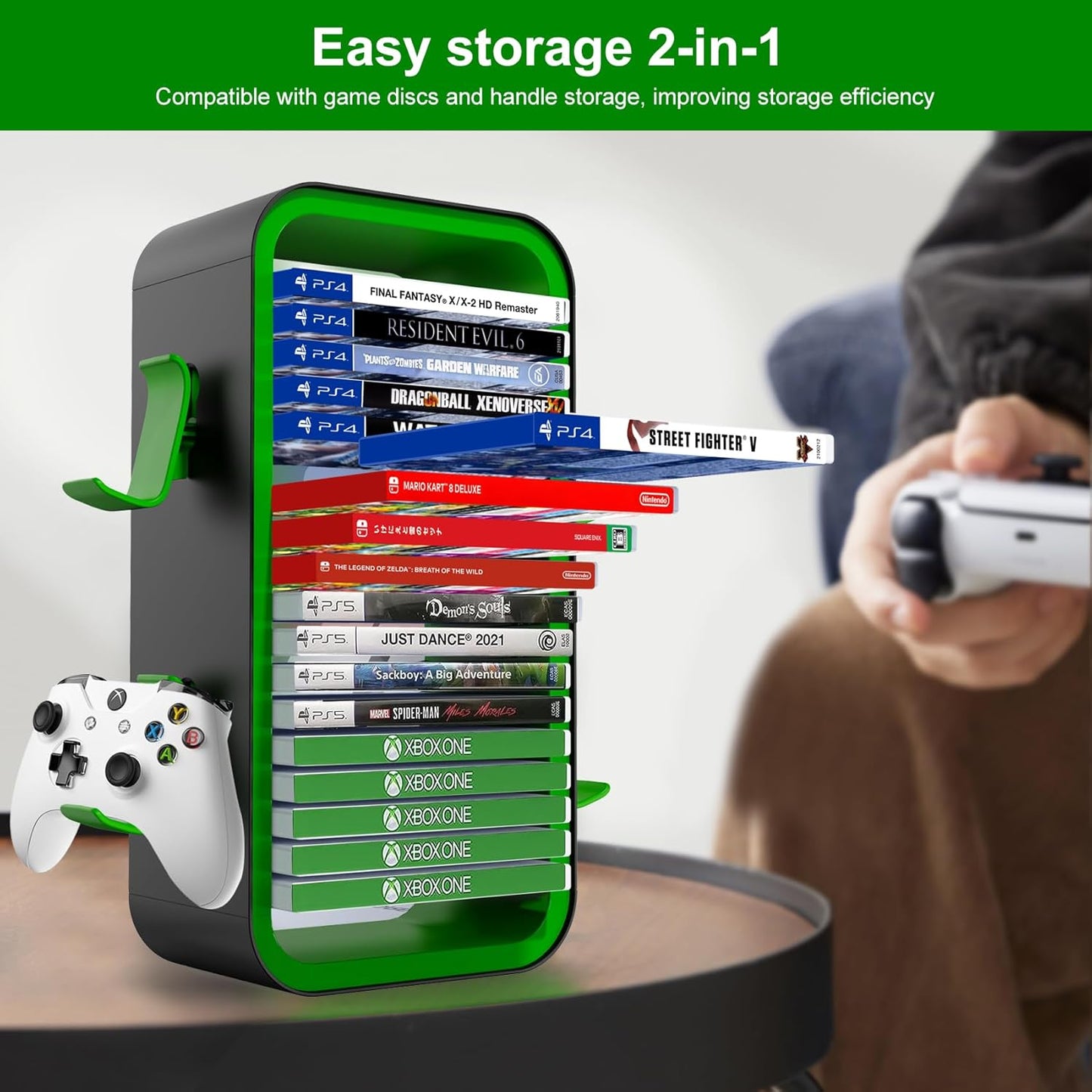 OYO-1【40cm】Game Storage Tower Compatible with PS5/ Xbox Series S & X/Switch, Universal Video Games Discs Organizers 18 PCS with 4 Controllers Holder, Game Disk Box Stand. (Black/Green)