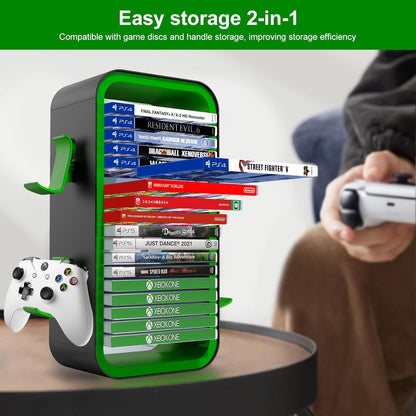 OYO-1【40cm】Game Storage Tower Compatible with PS5/ Xbox Series S & X/Switch, Universal Video Games Discs Organizers 18 PCS with 4 Controllers Holder, Game Disk Box Stand. (Black/Green)