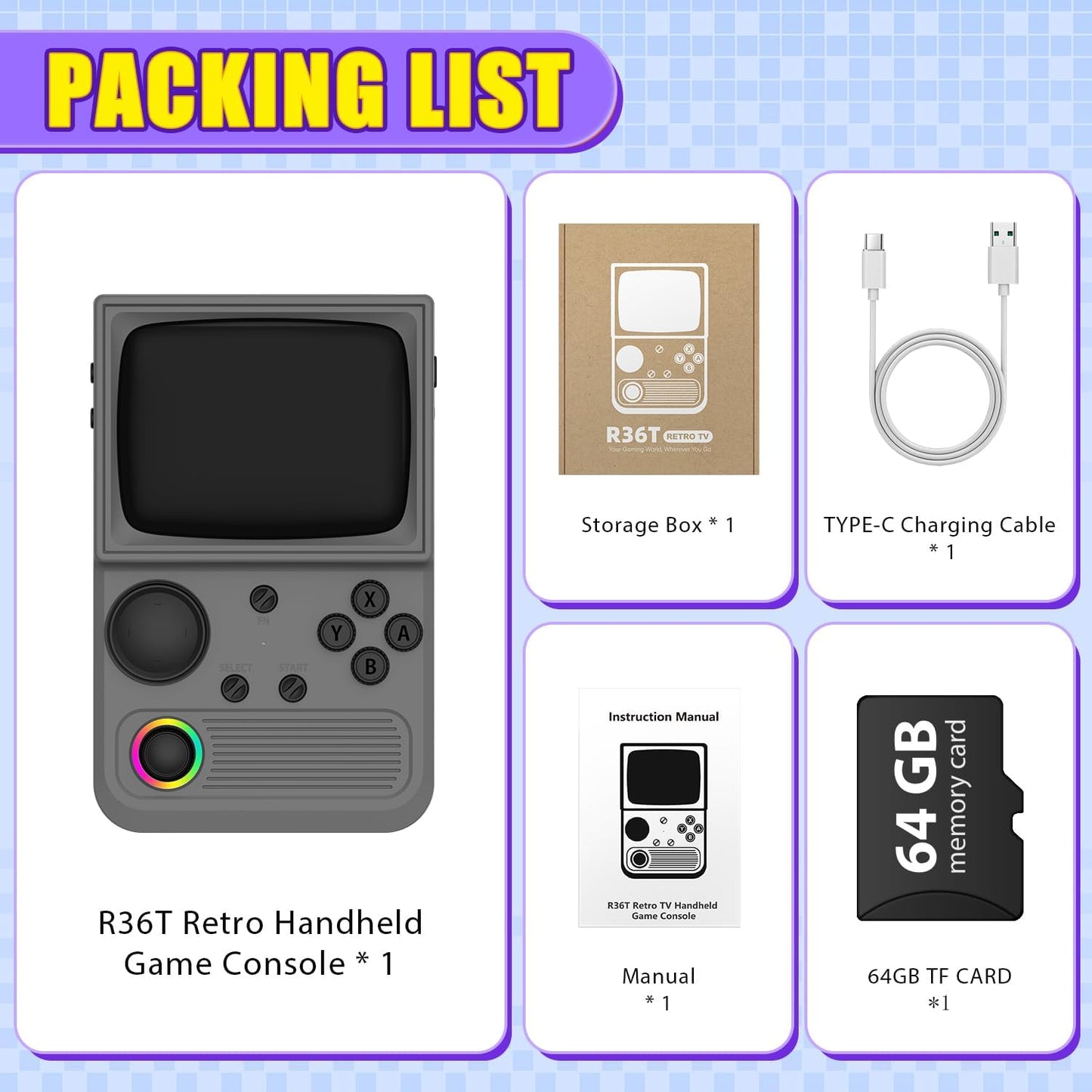 R36T Retro handheld model, 3.5'' IPS Screen CRT-Inspired, handheld model with 18000+ Classic Games Supports WiFi Networked Fighting and OTG, 3500mAh Battery, with Portable Case(Grey 64GB)