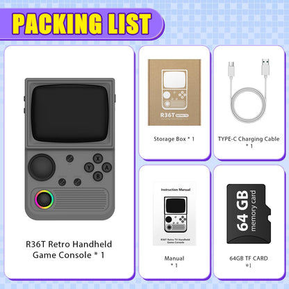 R36T Retro handheld model, 3.5'' IPS Screen CRT-Inspired, handheld model with 18000+ Classic Games Supports WiFi Networked Fighting and OTG, 3500mAh Battery, with Portable Case(Grey 64GB)