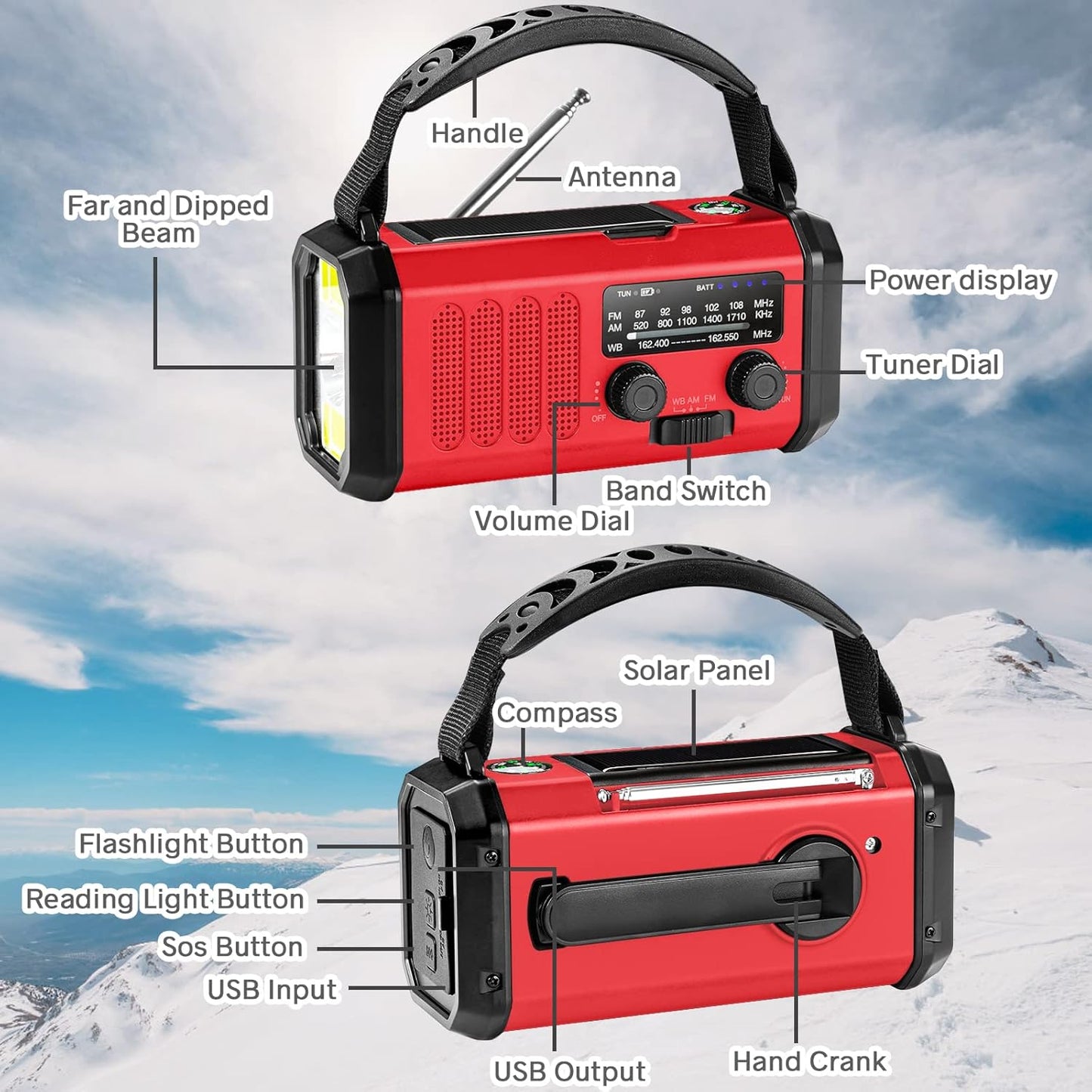 Emergency Solar Crank Radio, 10000mAh NOAA/AM/FM Weather Radio, USB Type-C Charging, Polymer Battery, Torch & LED Reading Light, SOS Alarm, Compass for Camping
