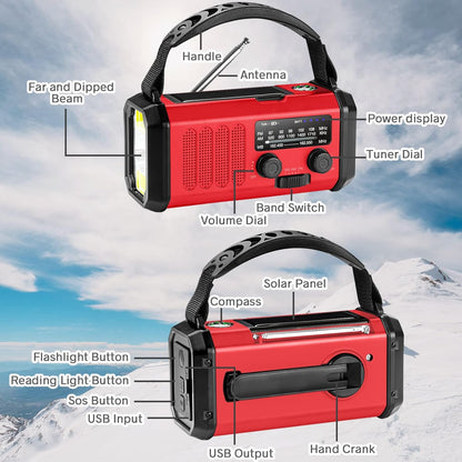 Emergency Solar Crank Radio, 10000mAh NOAA/AM/FM Weather Radio, USB Type-C Charging, Polymer Battery, Torch & LED Reading Light, SOS Alarm, Compass for Camping