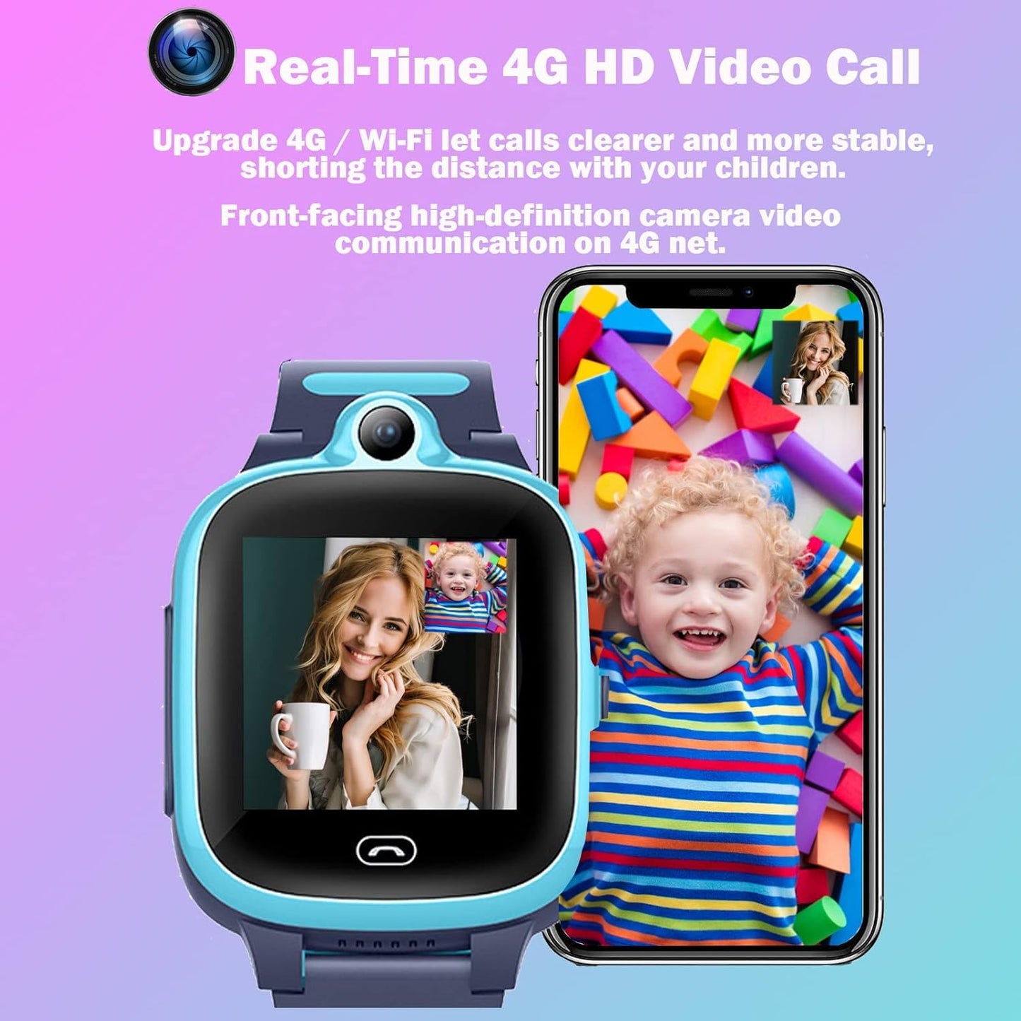 Kids 4G GPS Smart Watch, Waterproof Phone Smartwatch, Worldwide Real-time Tracking Video Phone Call Camera SOS Alarm Geo-Fence Touch Screen Pedometer Anti-Lost GPS Tracker Watch for Birthday Gift