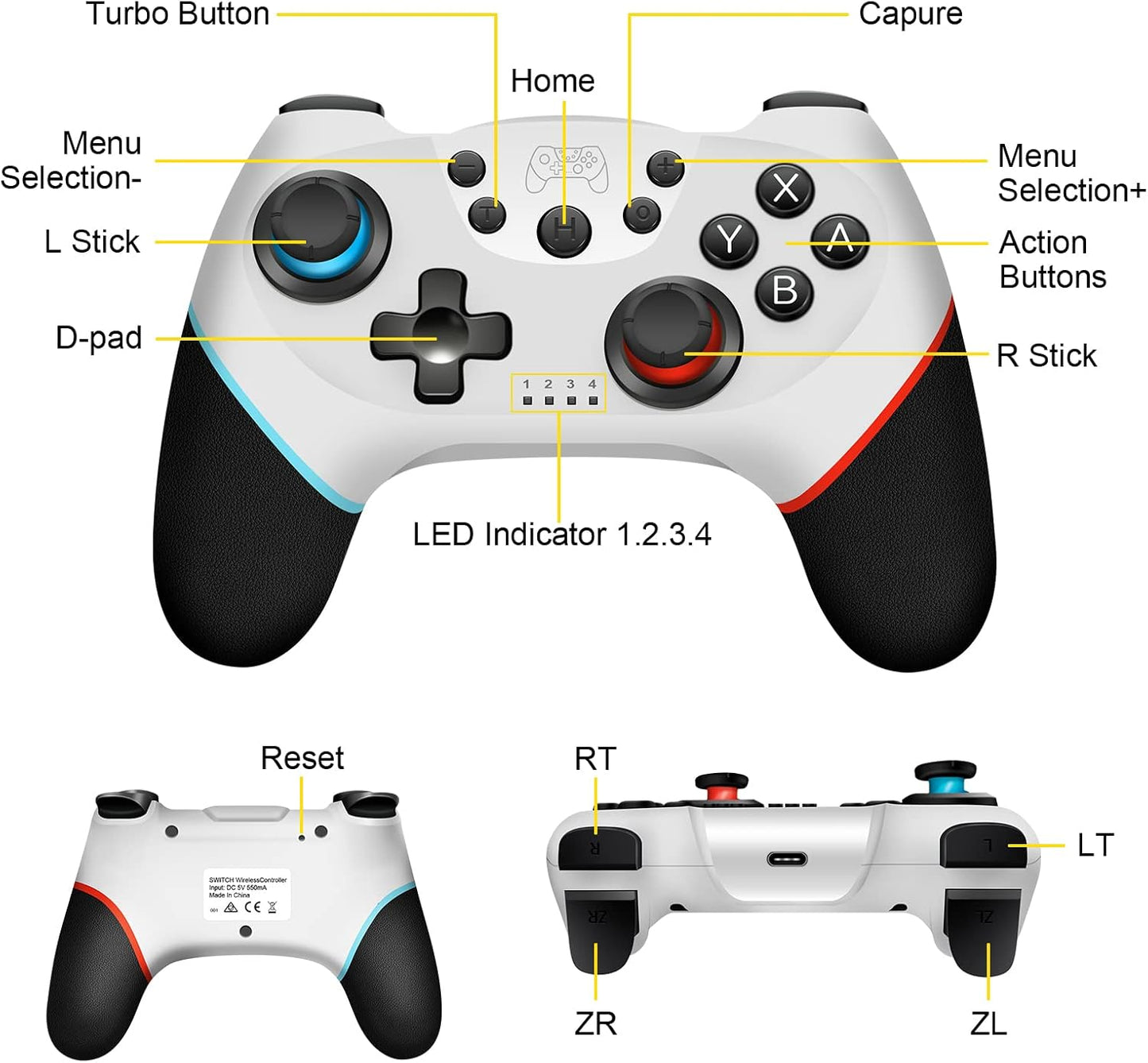 Zakgbxbig Wireless Pro Controller for Switch Lite, Controller for Switch Remote Gamepad Joystick, Turbo and Dual Vibration (White)