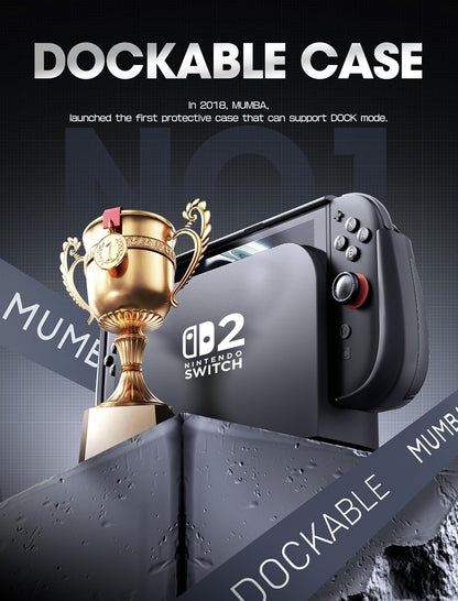 Mumba Dockable for Nintendo Switch 2 Case with Flip Stand, [Titan] Ergonomic Switch 2 Grip Protective Cover Holds 5 Game Cards & 2 TF Cards TPU Accessories and Quick-Release Joy-Con Design (Black)