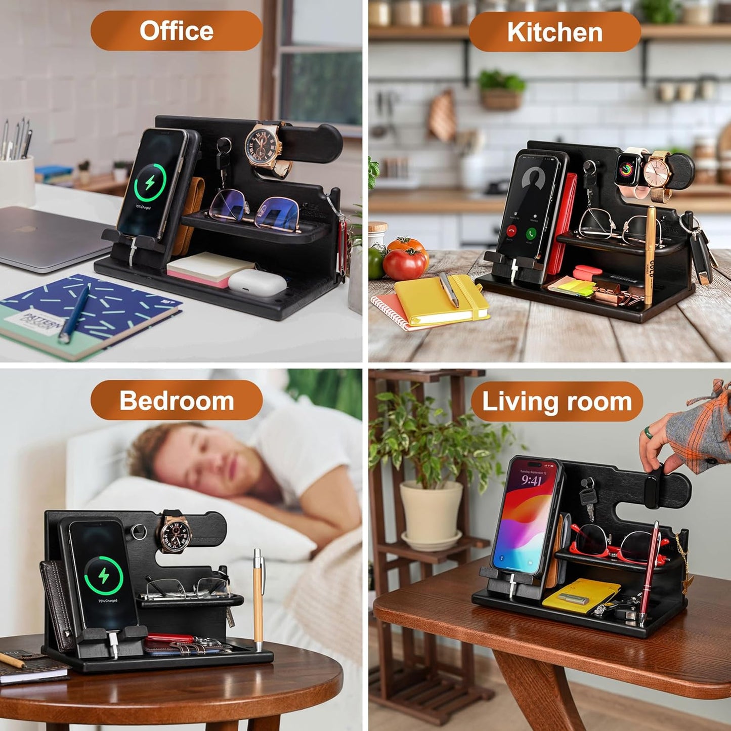 Wood Phone Docking Station Ash Key Holder Wallet Stand Watch Organizer Men Gift Husband Wife Anniversary Dad Birthday Nightstand Purse Father Graduation Male Travel Idea Gadgets (Brown)