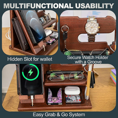 Wood Phone Docking Station Ash Key Holder Wallet Stand Watch Organizer Men Gift Husband Wife Anniversary Dad Birthday Nightstand Purse Father Graduation Male Travel Idea Gadgets (Brown)