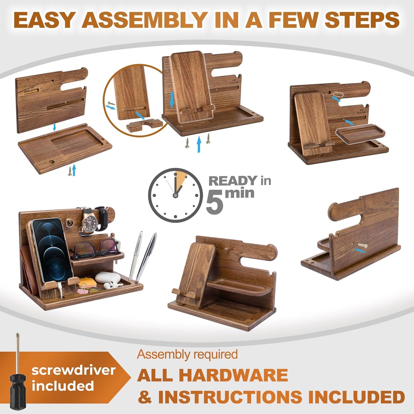 Wood Phone Docking Station Ash Key Holder Wallet Stand Watch Organizer Men Gift Husband Wife Anniversary Dad Birthday Nightstand Purse Father Graduation Male Travel Idea Gadgets (Brown)