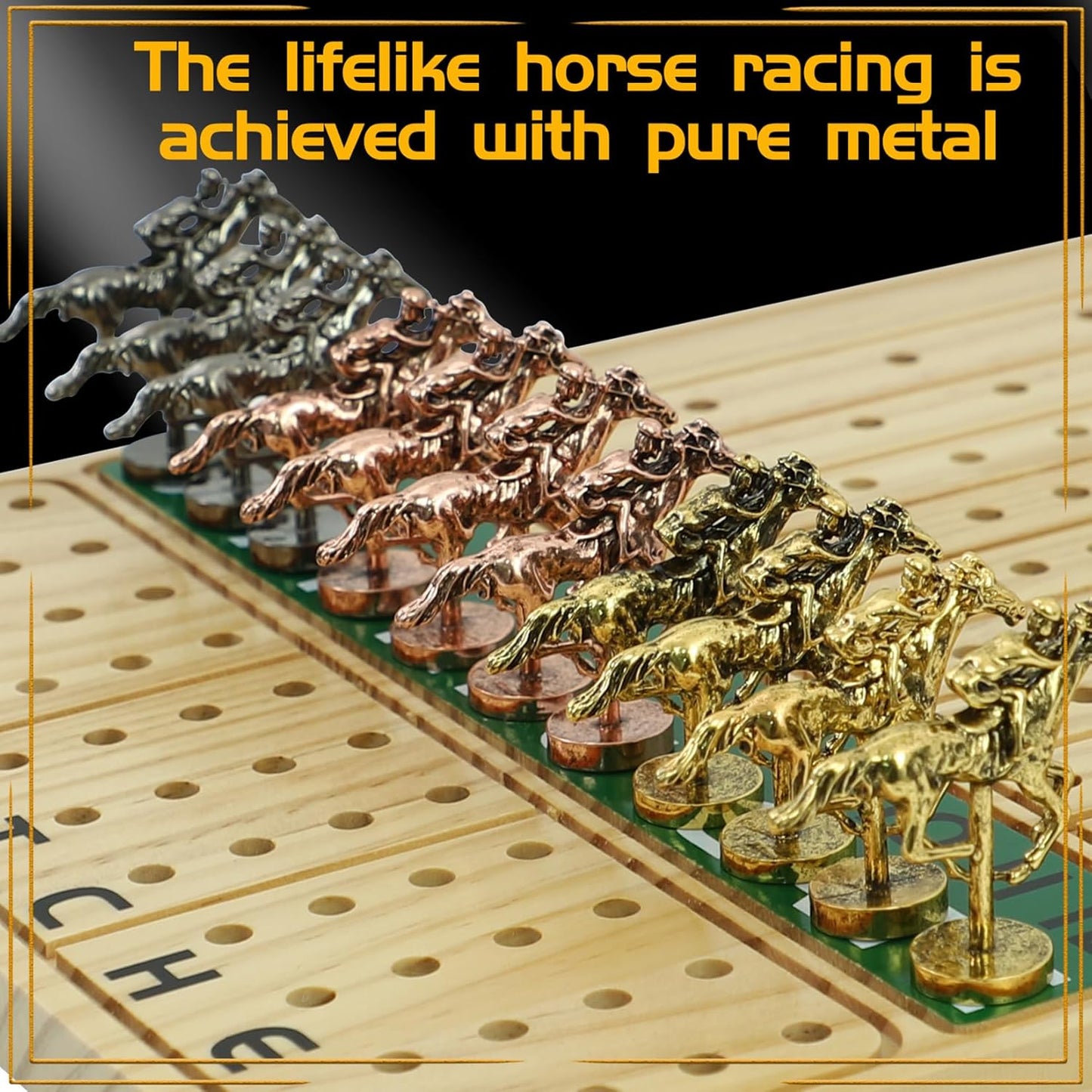 Horse Racing Board Game Solid Wood with 11 Luxury Metal Horses Thickened Pine Finish LINE Race Game Chessboard Including 2 Sets of dice and 2 Boxes of Cards(Log Color)