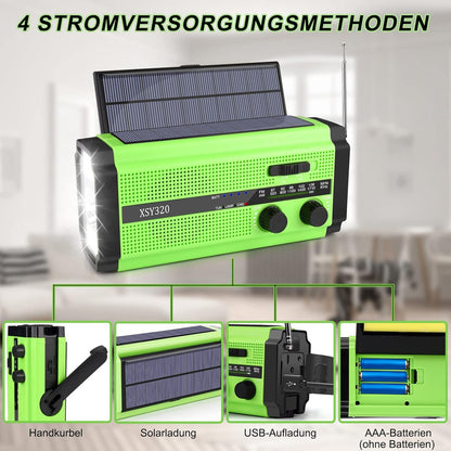Solar Radio, AM/FM Crank Radio, Portable Emergency Radio with 5000 mAh Rechargeable Battery, 3 Modes LED Torch, LED Reading Lamp, SOS Alarm and Hand Crank Dynamo for Camping, Travel (Green)