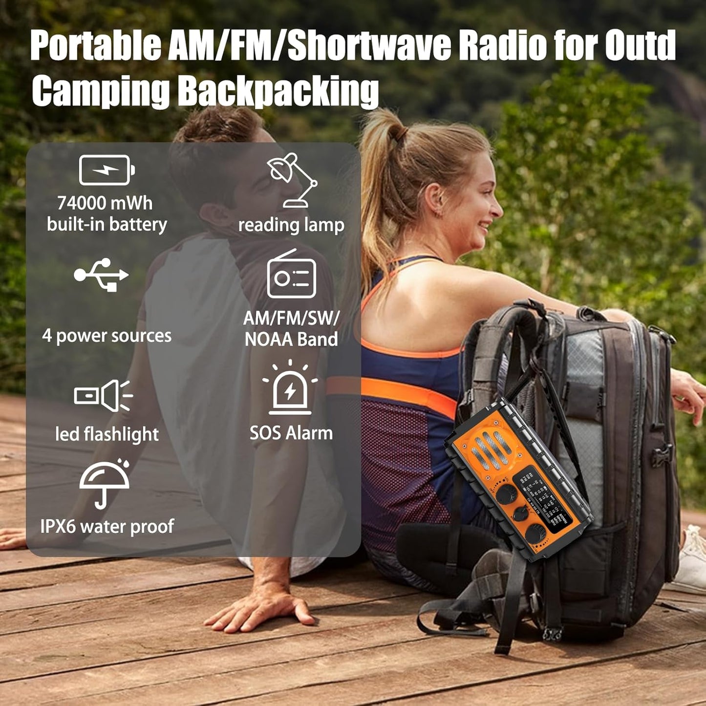 20000mAh/74000mWh Emergency Hand Crank Radio with LED Flashlight, SW/AM/FM NOAA Portable Weather Alert Radio, Solar Powered Radio with Phone Charger, USB Charged, SOS Alarm, Compass