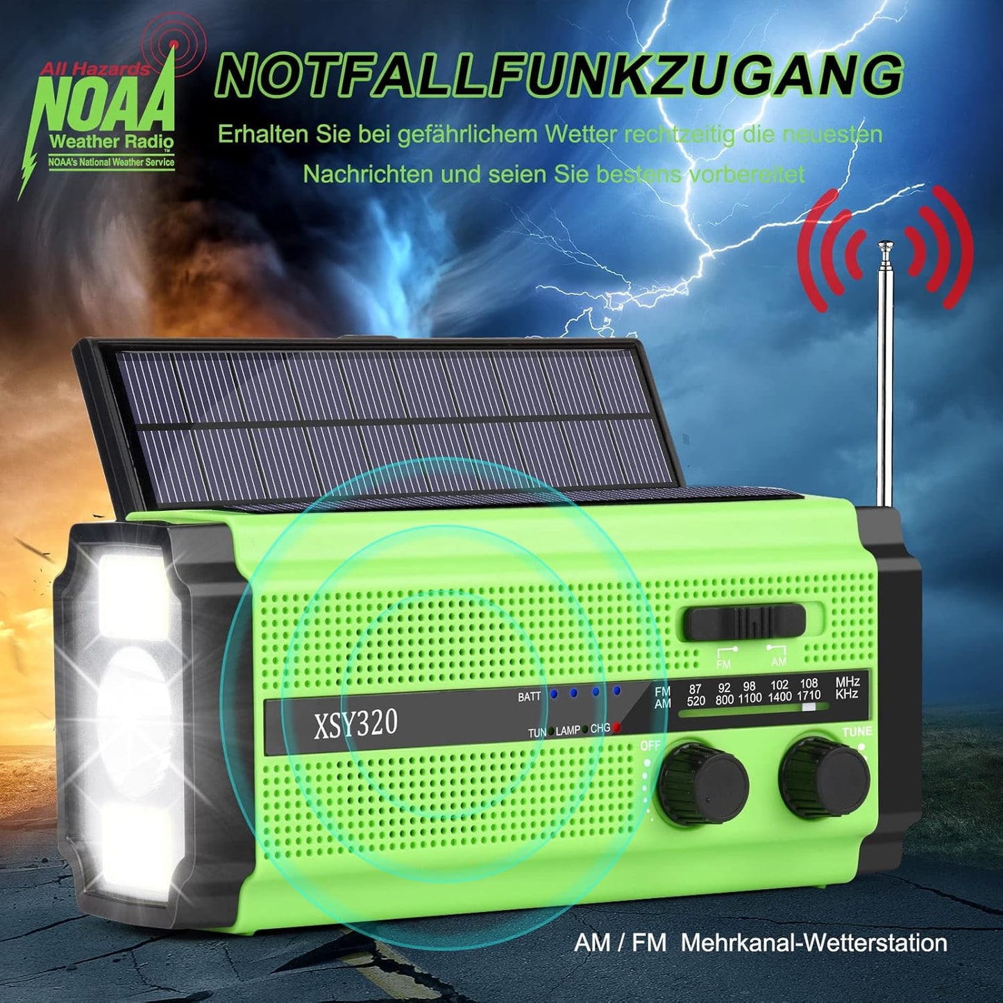Solar Radio, AM/FM Crank Radio, Portable Emergency Radio with 5000 mAh Rechargeable Battery, 3 Modes LED Torch, LED Reading Lamp, SOS Alarm and Hand Crank Dynamo for Camping, Travel (Green)