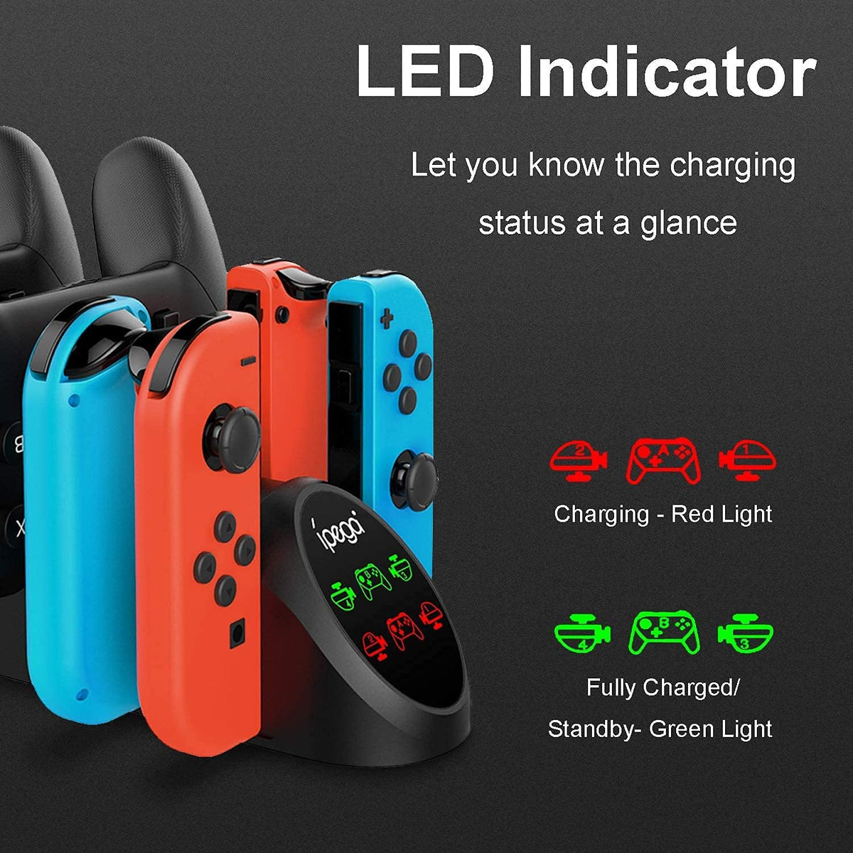 6-in-1 Charging Dock for Switch Controllers, Desktop Charging Station for Gamepad and Controller Accessories, USB 2.0 Ports, Compact Charging Stand