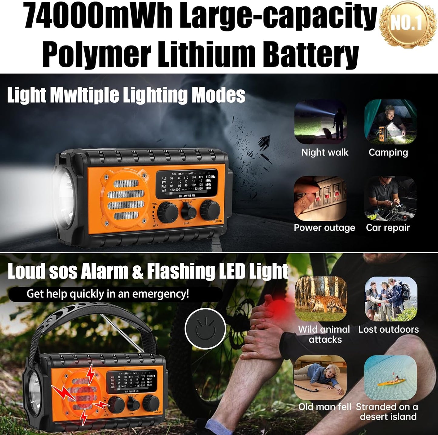 20000mAh/74000mWh Emergency Hand Crank Radio with LED Flashlight, SW/AM/FM NOAA Portable Weather Alert Radio, Solar Powered Radio with Phone Charger, USB Charged, SOS Alarm, Compass