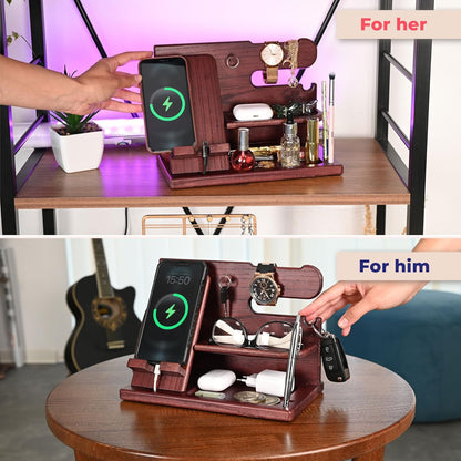 Wood Phone Docking Station Ash Key Holder Wallet Stand Watch Organizer Men Gift Husband Wife Anniversary Dad Birthday Nightstand Purse Father Graduation Male Travel Idea Gadgets (Brown)