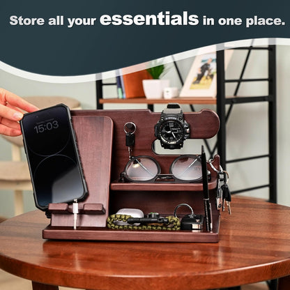 Wood Phone Docking Station Ash Key Holder Wallet Stand Watch Organizer Men Gift Husband Wife Anniversary Dad Birthday Nightstand Purse Father Graduation Male Travel Idea Gadgets (Brown)