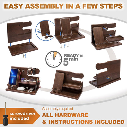 Wood Phone Docking Station Ash Key Holder Wallet Stand Watch Organizer Men Gift Husband Wife Anniversary Dad Birthday Nightstand Purse Father Graduation Male Travel Idea Gadgets (Brown)