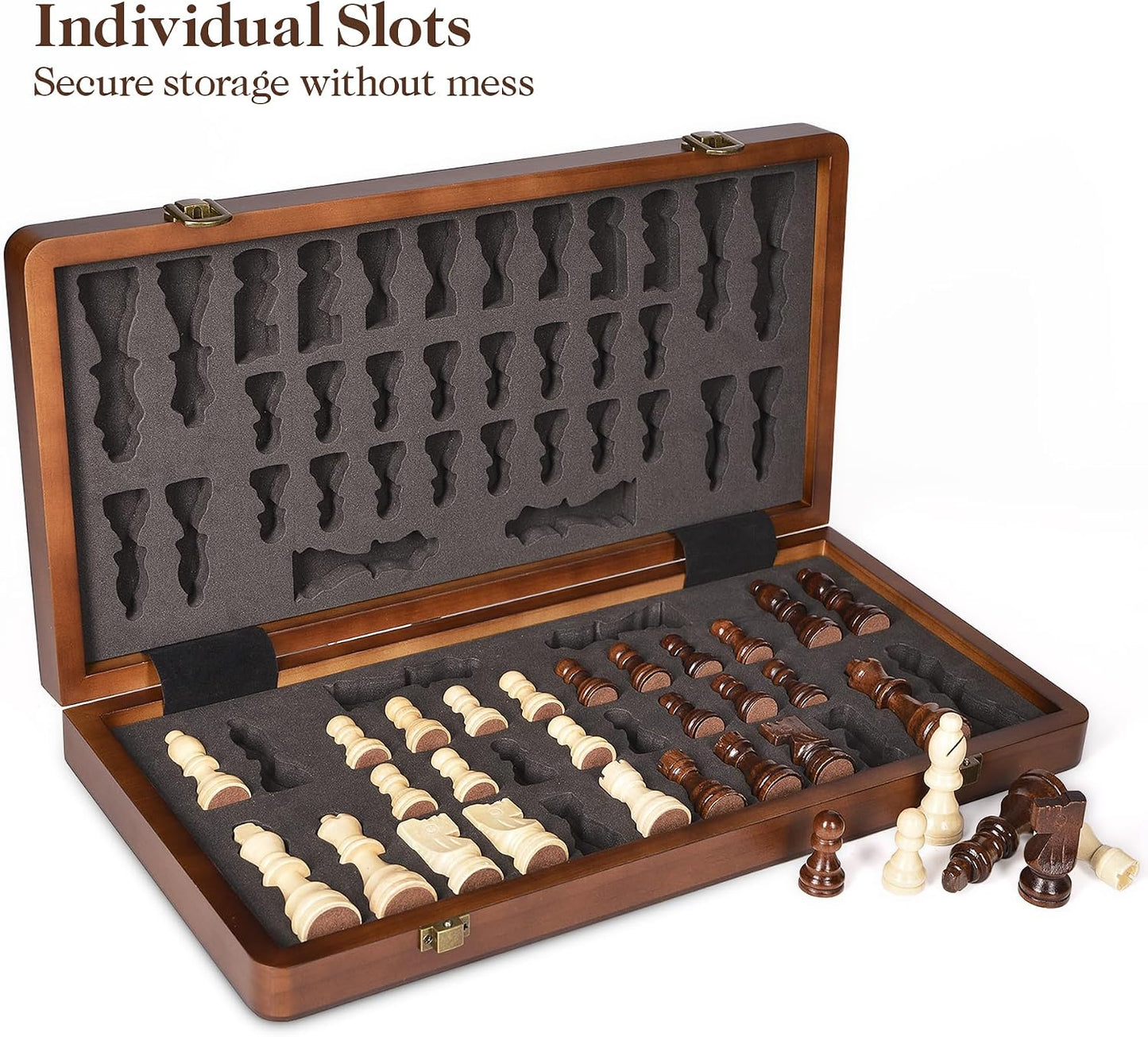 15 Inch Wooden Chess Set with Magnetic Pieces, Folding Chess Board, Extra Queens, Portable Travel Tournament Chess Game for Adults & Kids