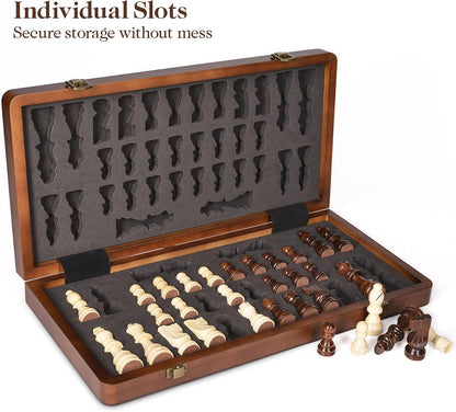 15 Inch Wooden Chess Set with Magnetic Pieces, Folding Chess Board, Extra Queens, Portable Travel Tournament Chess Game for Adults & Kids