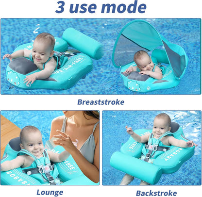 Mambobaby Float Non Inflatable Smart Swim Trainer Newest Size Improved Add Tail Never Flip Over UPF 50+ Sun Canopy Baby Swim Float Mambo Baby Float Solid Swimming Ring Infant Pool Float