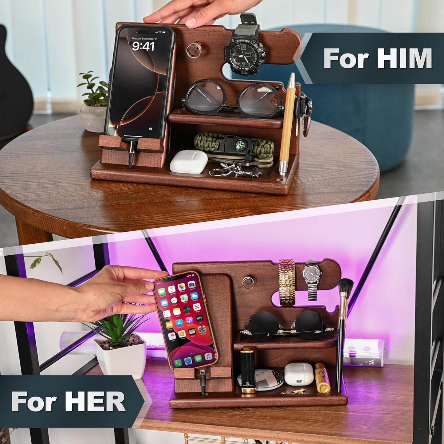 Wood Phone Docking Station Ash Key Holder Wallet Stand Watch Organizer Men Gift Husband Wife Anniversary Dad Birthday Nightstand Purse Father Graduation Male Travel Idea Gadgets (Brown)