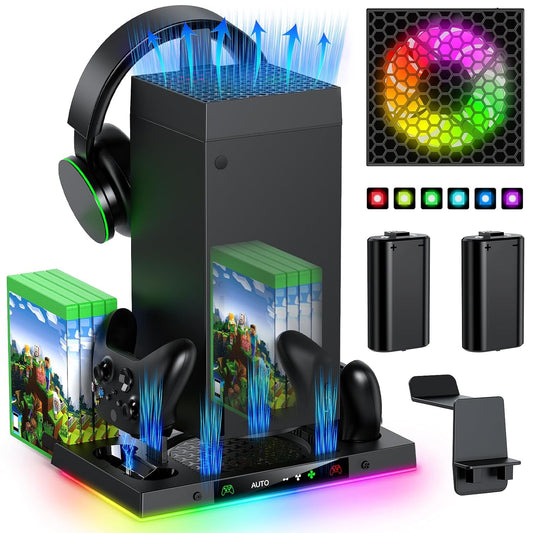 Cooling Fan & Charging Station Compatible with Xbox Series X, Dual Controller Charger Dock with RGB Light Modes, Rechargeable Battery Packs, Headset Holder & Game Storage – Black