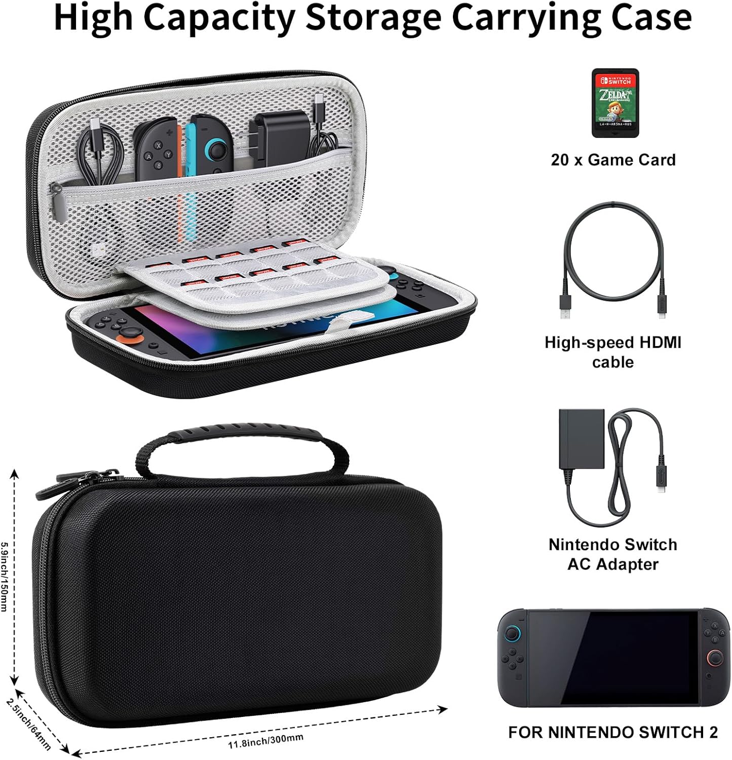Lmcpa Carrying Case for Nintendo Switch 2 (2025) 7.9 Inch Console, Protective Hard Shell Portable Switch Travel Case, Durable Ballistic Nylon, Large Capacity, Accessories for Switch 2, Black