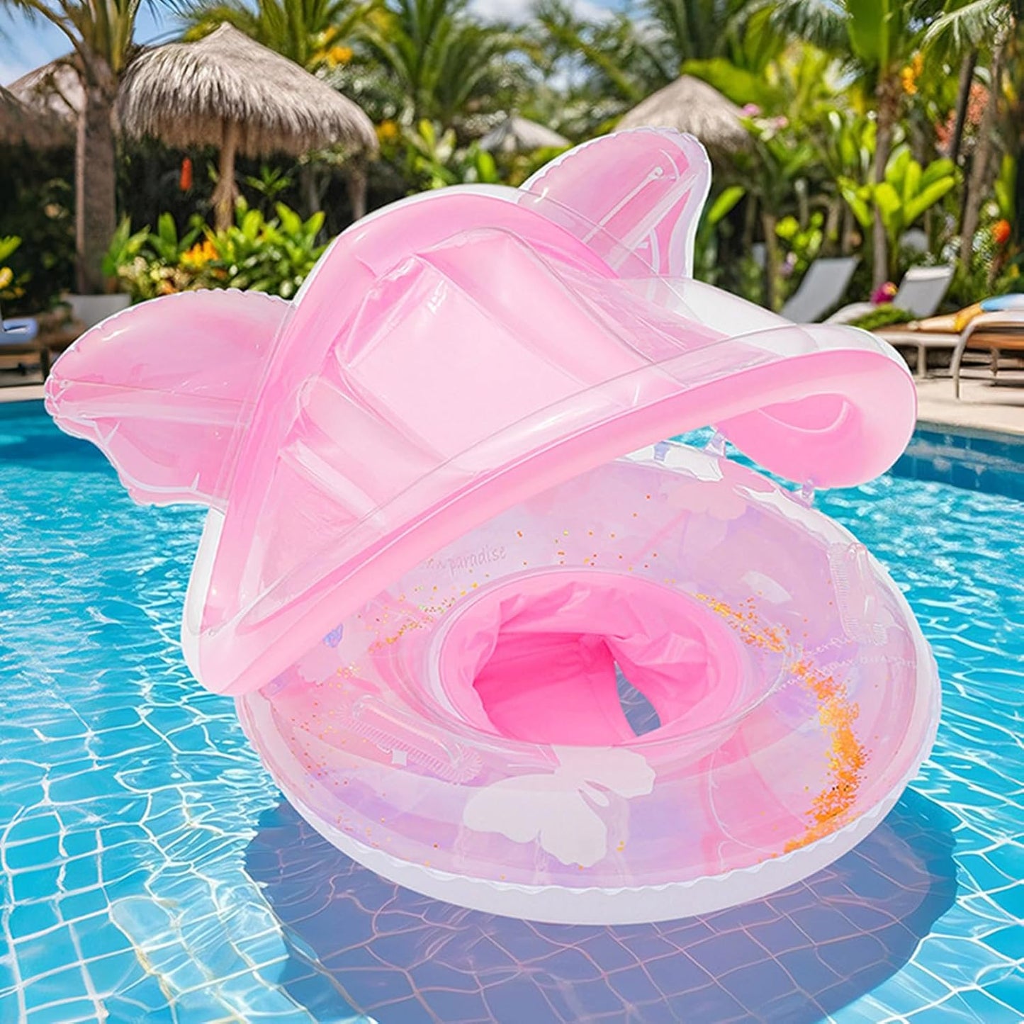 Baby Pool Float, Sun Protection Baby Canopy Pool Float, Butterfly Shape Raft Mat Lounge Boat for Outdoor Summer Swimming
