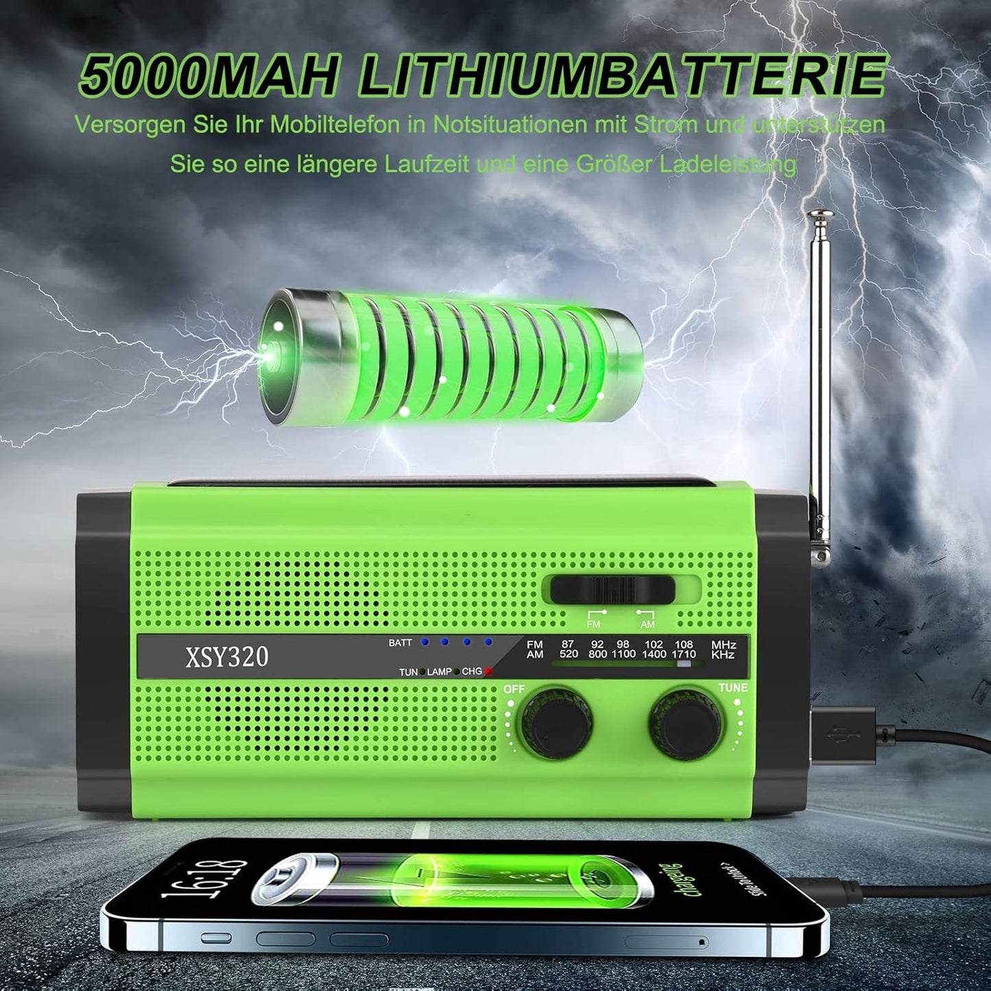 Solar Radio, AM/FM Crank Radio, Portable Emergency Radio with 5000 mAh Rechargeable Battery, 3 Modes LED Torch, LED Reading Lamp, SOS Alarm and Hand Crank Dynamo for Camping, Travel (Green)