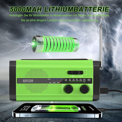 Solar Radio, AM/FM Crank Radio, Portable Emergency Radio with 5000 mAh Rechargeable Battery, 3 Modes LED Torch, LED Reading Lamp, SOS Alarm and Hand Crank Dynamo for Camping, Travel (Green)