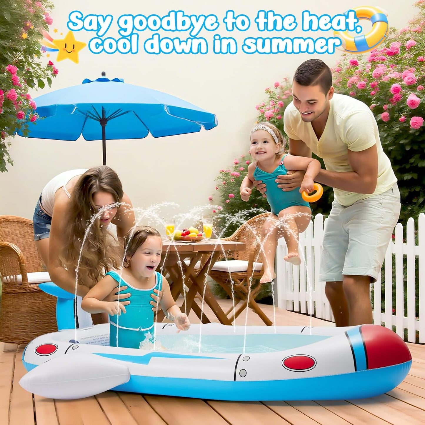 Inflatable Pool Splash Fun - 176cm Multi-Spray Kiddie Pool, Outdoor/Ages 3-10, Garden & Living Room Play