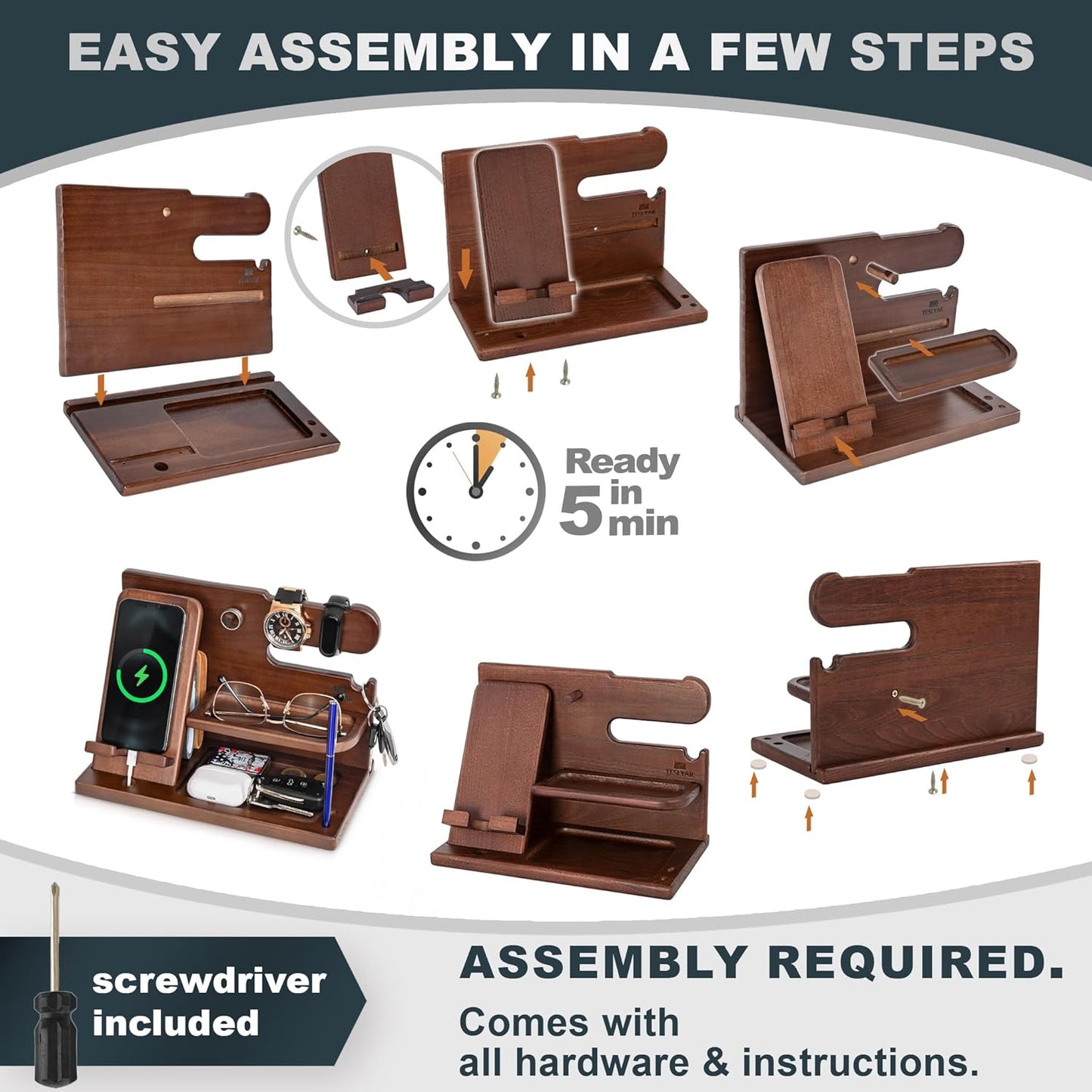 Wood Phone Docking Station Ash Key Holder Wallet Stand Watch Organizer Men Gift Husband Wife Anniversary Dad Birthday Nightstand Purse Father Graduation Male Travel Idea Gadgets (Brown)