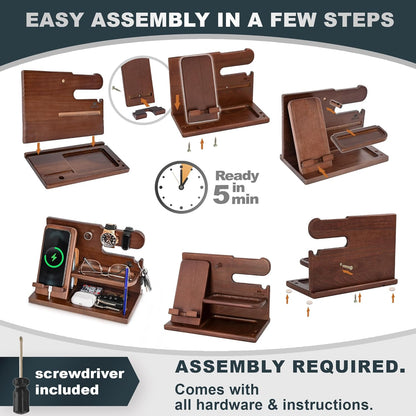 Wood Phone Docking Station Ash Key Holder Wallet Stand Watch Organizer Men Gift Husband Wife Anniversary Dad Birthday Nightstand Purse Father Graduation Male Travel Idea Gadgets (Brown)