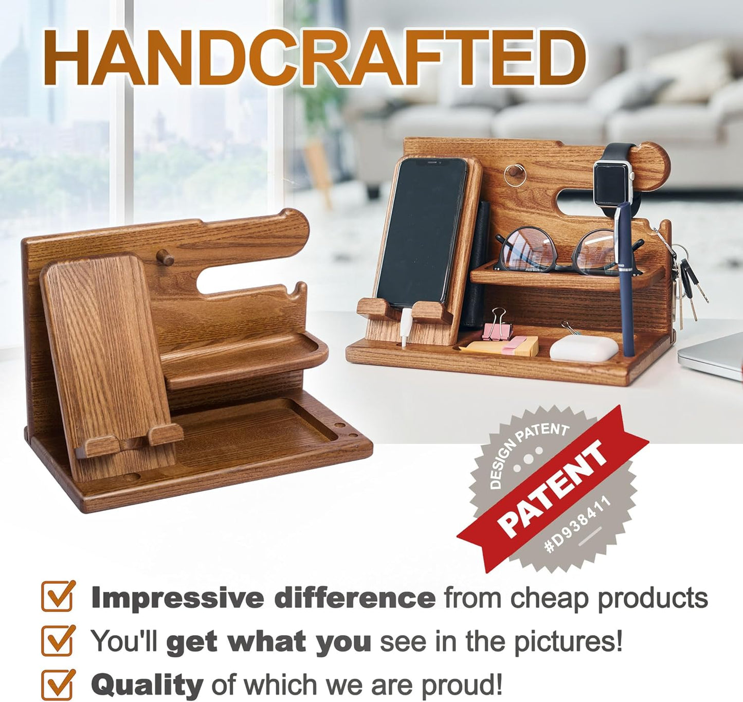 Wood Phone Docking Station Ash Key Holder Wallet Stand Watch Organizer Men Gift Husband Wife Anniversary Dad Birthday Nightstand Purse Father Graduation Male Travel Idea Gadgets (Brown)