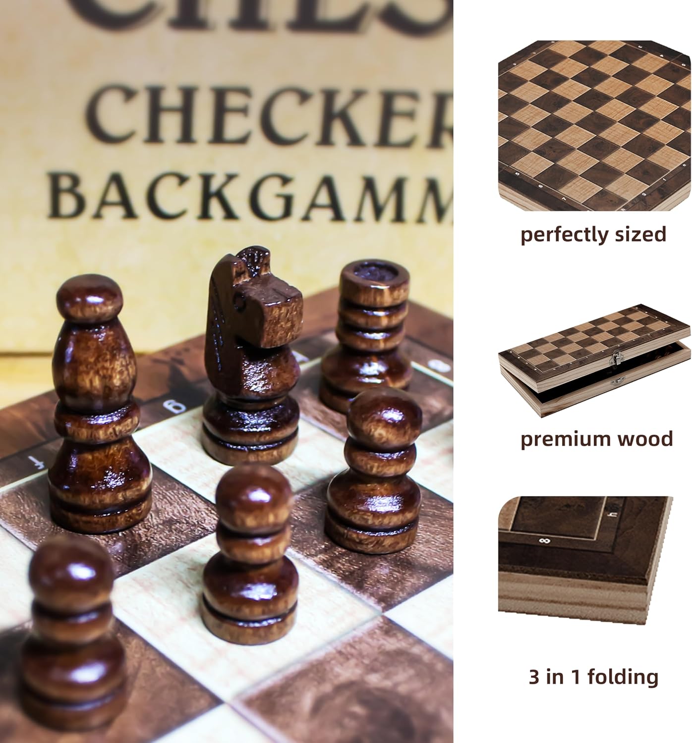 3 in 1 Chess Set, Folding 24cm Wooden Board, Includes Chess, Checkers, Backgammon, Handcrafted Pieces with Storage, Elegant Present for Adults and Kids, Holiday, Birthday, Christmas, Travel Game